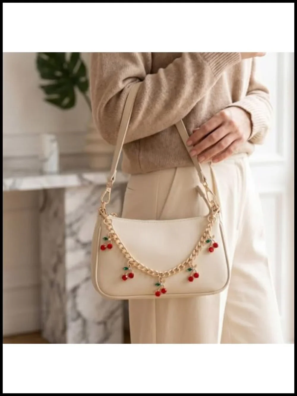 Gold Purse Charm Keychain with Red Cherry Accents for Handbags